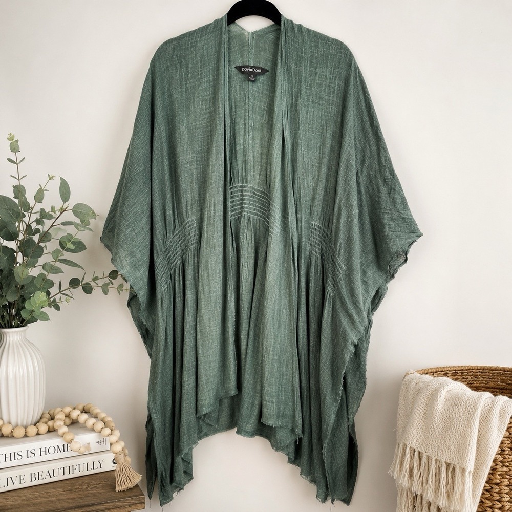 Davi & Dani 1X Sage Green Cotton Gauze Kimono Ruana‎ Open Front Boho Cardigan